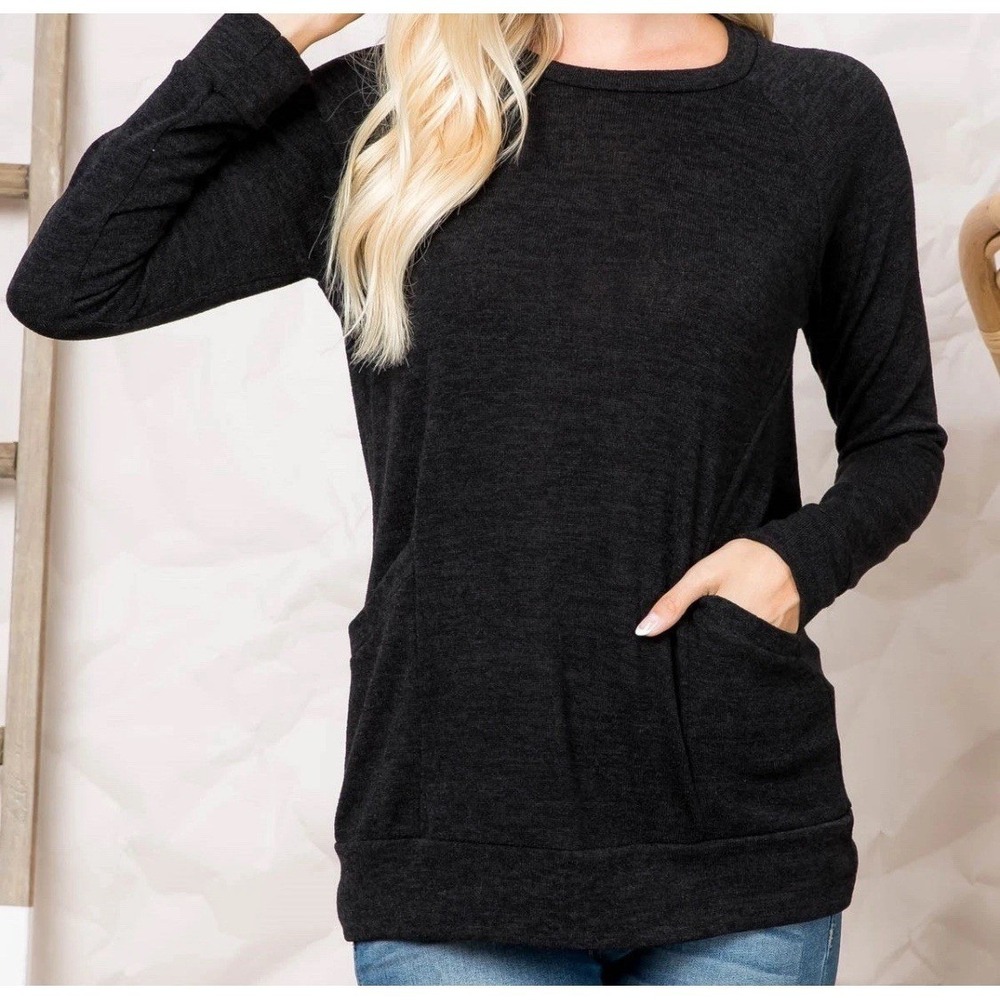You & Me Pullover Top Womens XL Black Raglan‎ Sleeve Front Pockets Casual Knit
